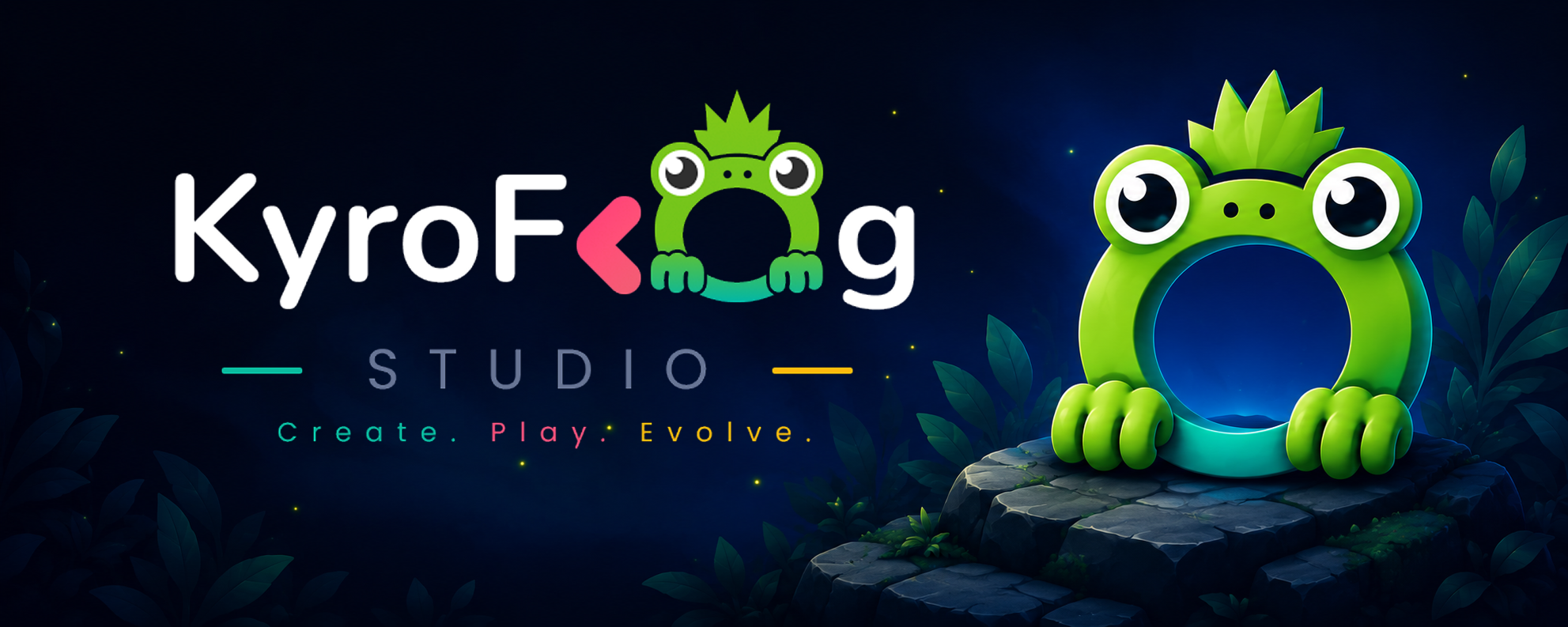 KyroFrog Studio mascot in a futuristic blue environment
